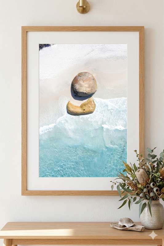 Bring the beauty of WA home with this stunning aerial print of Little Beach, Two Peoples Bay, Denmark/Albany region, Western Australia. Shop locally-made, premium coastal wall art at Skylark.