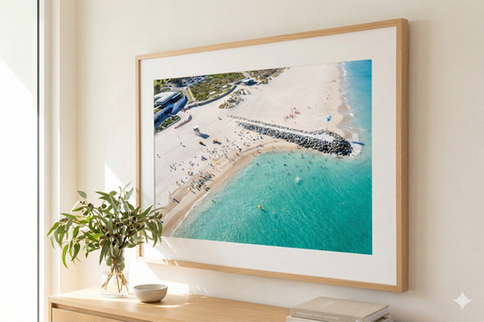 City_Beach_Coastal_Wall_Art Framed Natural Oak Wood WA