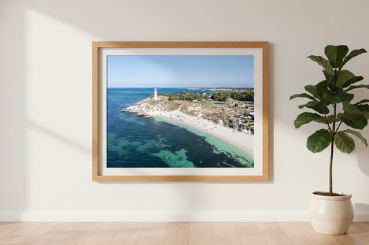Framed artwork of a coastal scene on a wall with a plant below.