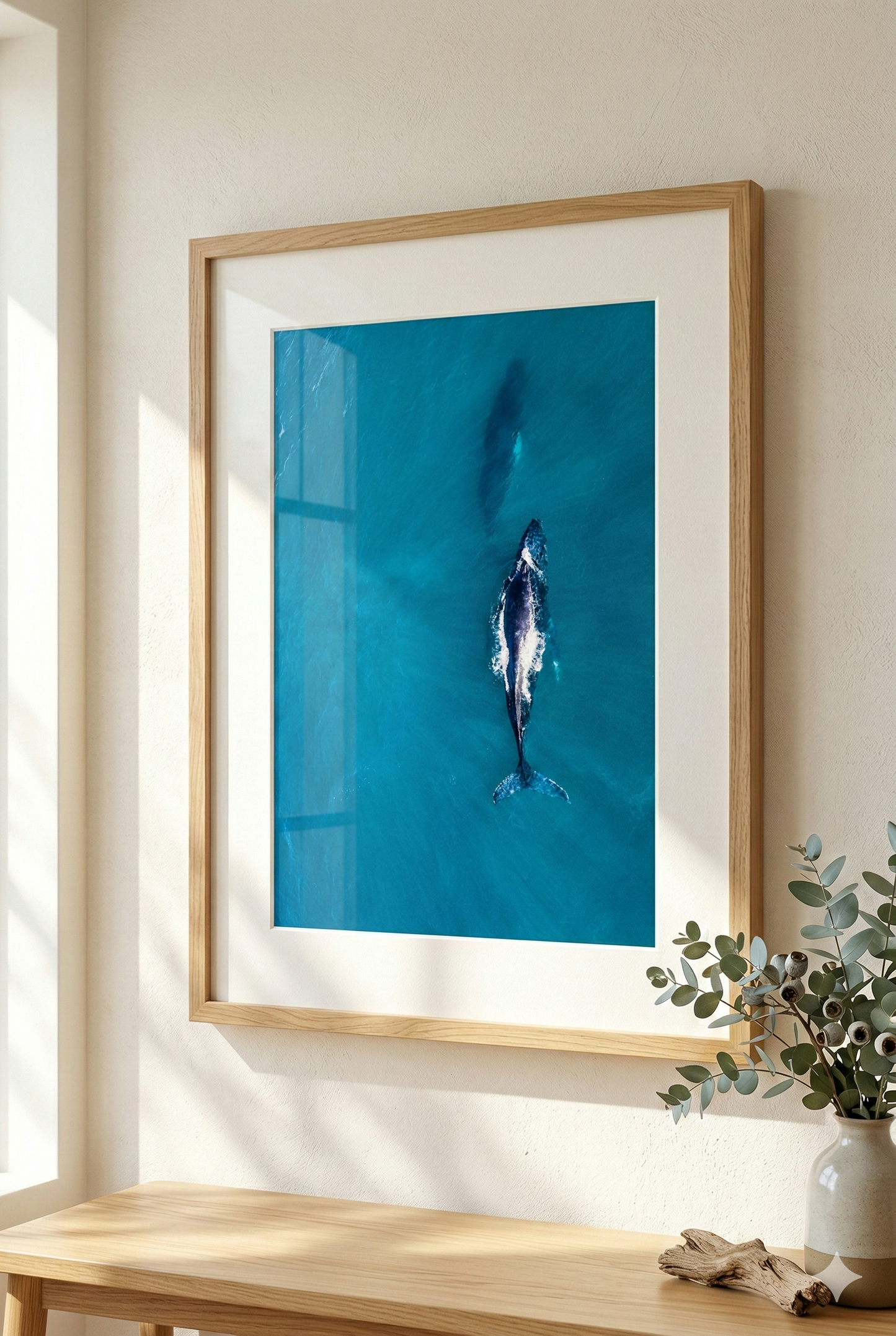 Framed artwork of a whale in blue water on a wall with a wooden bench and plant in the foreground.