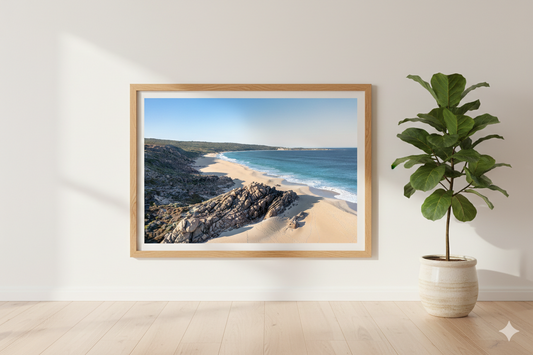 Framed photograph of a beach scene on a wall next to a potted plant.