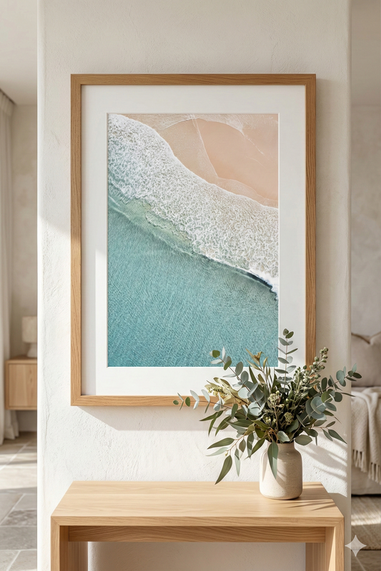 Framed artwork of a beach scene on a wall above a wooden table with a vase of flowers.