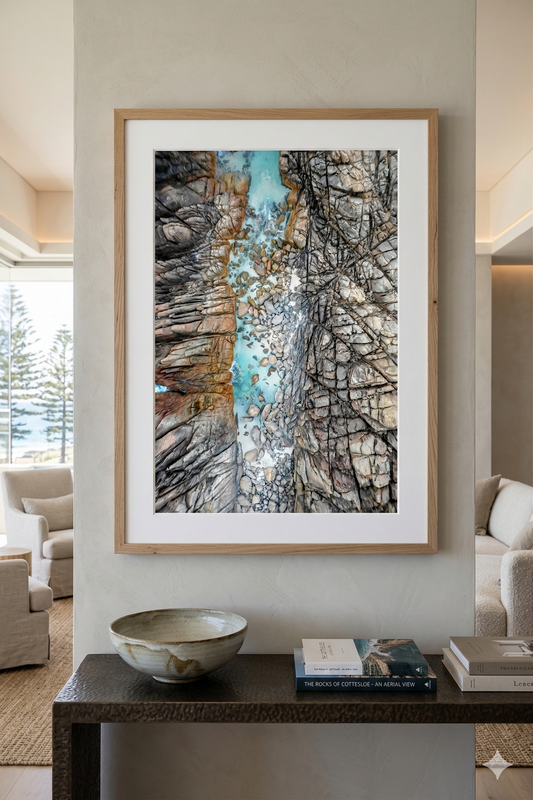 Framed abstract artwork on a wall in a living room setting