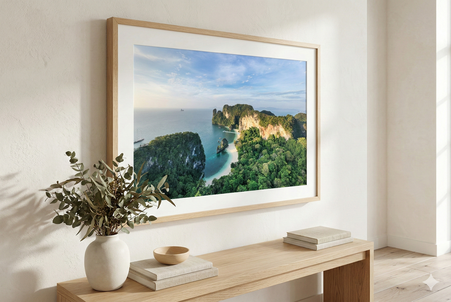 Koh Hong Krabi Thailand Aerial Framed Print Mockup Framed Natural Oak Fine Art