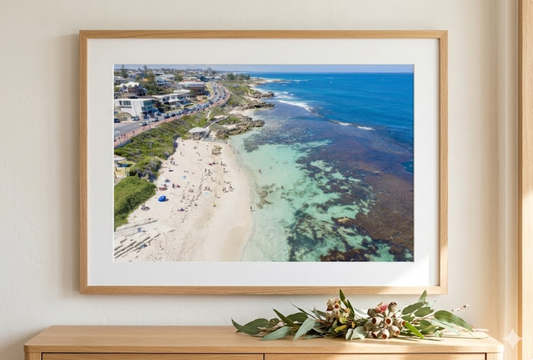 Mettam's Pool, North Beach, Perth, Western Australia Coastal Wall Art Print Mockup Natural Oak Frame