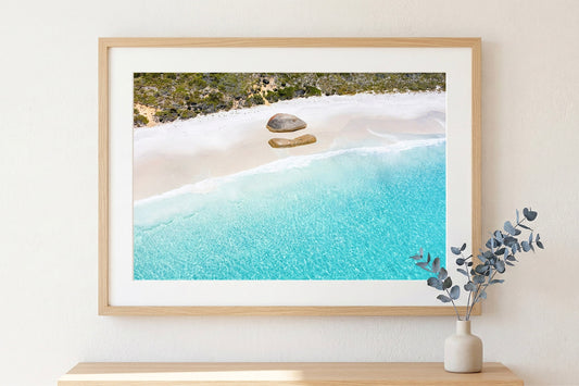 Framed photograph of a beach scene on a white wall with a vase and plant.
