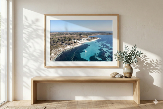 Parker_Point_Rottnest_Framed_Aerial_Print Mockup Natural Oak