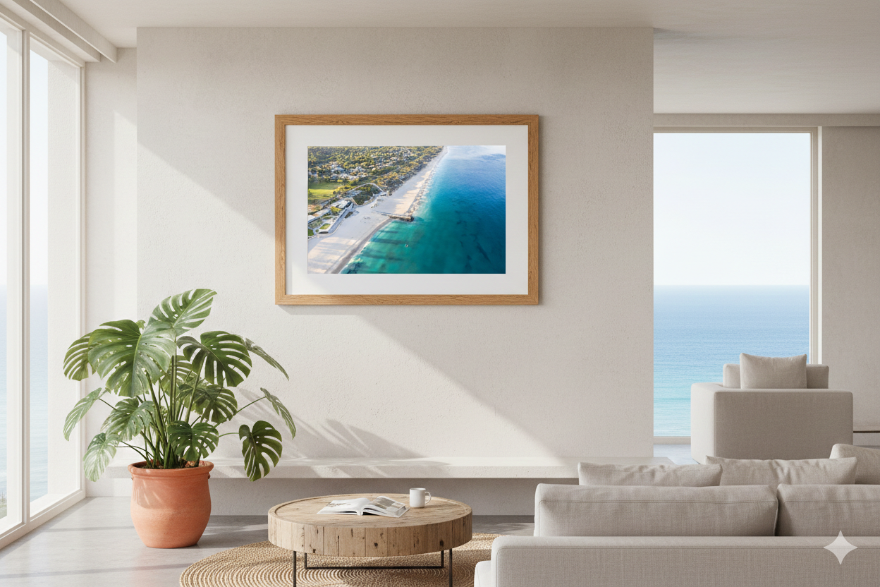 Framed artwork of a coastal scene in a modern living room with large windows.