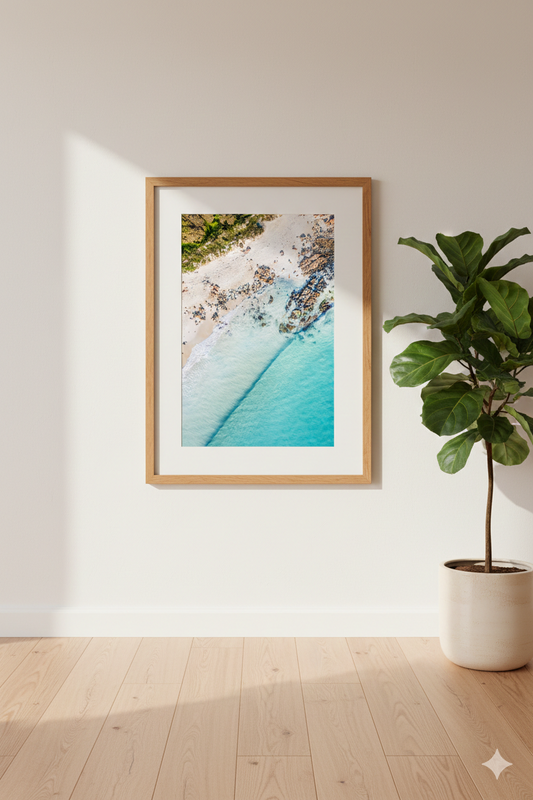 Framed artwork of a beach scene on a wall with a plant below.