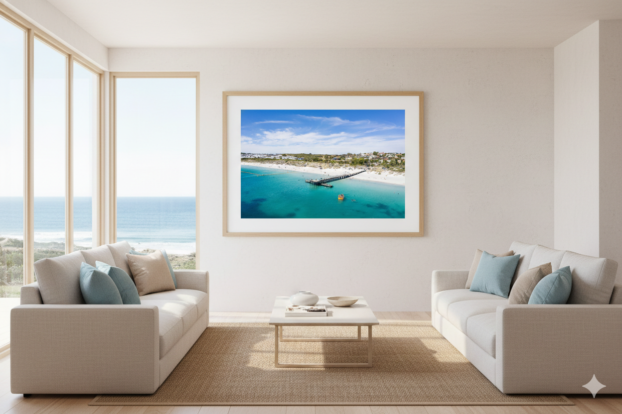 Modern living room with a large framed picture of a Coogee beach Perth scene on the wall.