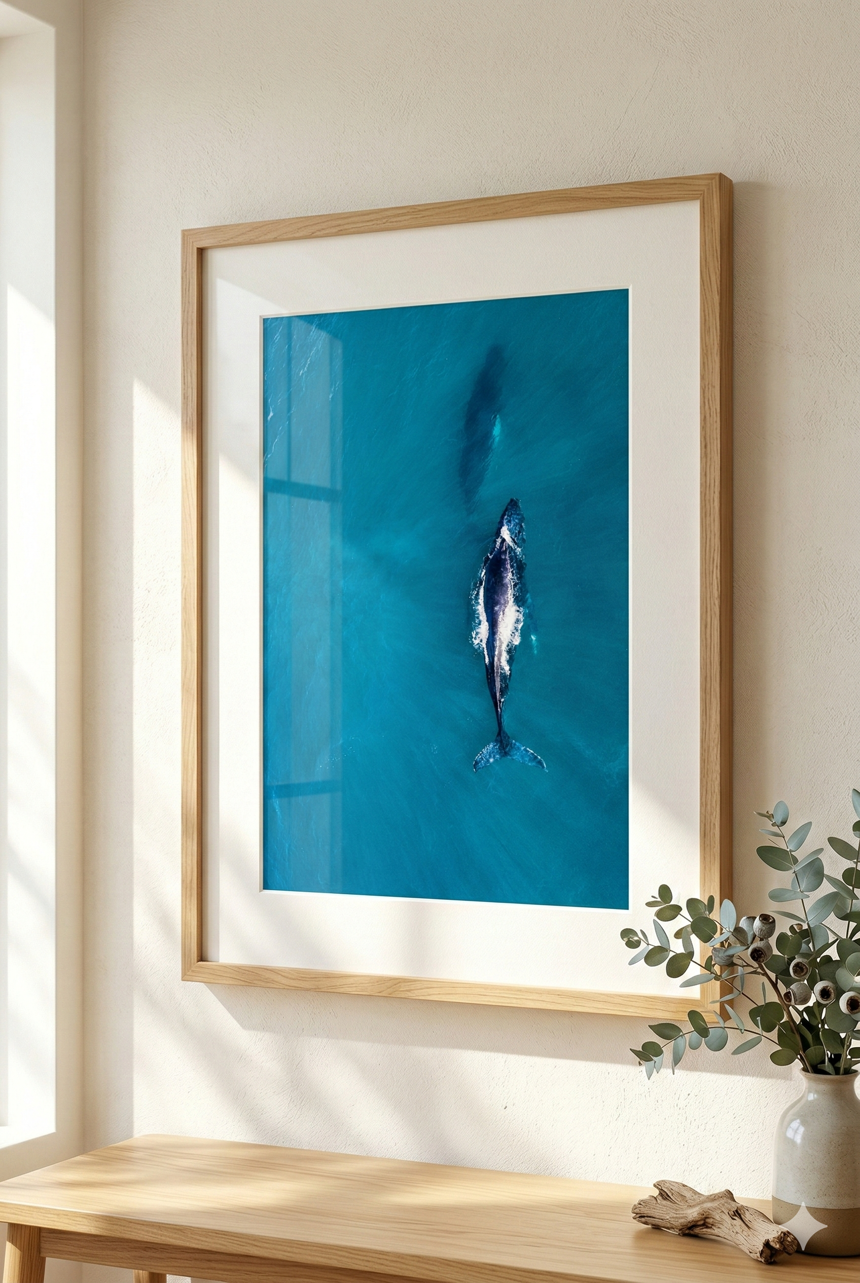 Framed artwork of a whale in blue water on a wall with a wooden bench and plant in the foreground.