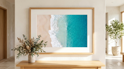 Framed artwork of a beach scene on a wall in a room with a wooden bench and plants.