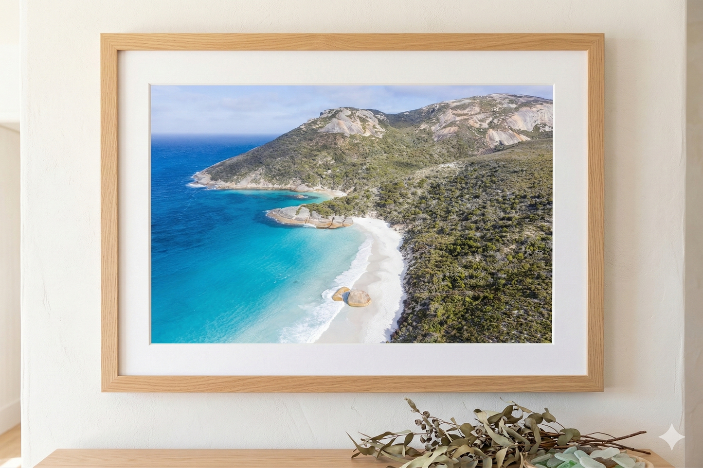 Little Beach Albany Coastal Aerial Fine Art Print Mockup Natural Oak Frame