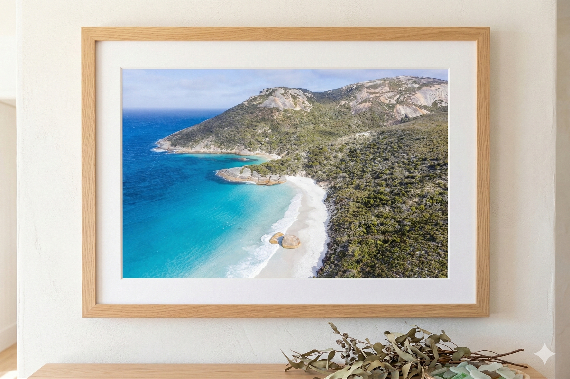 Little Beach Albany Coastal Aerial Fine Art Print Mockup Natural Oak Frame