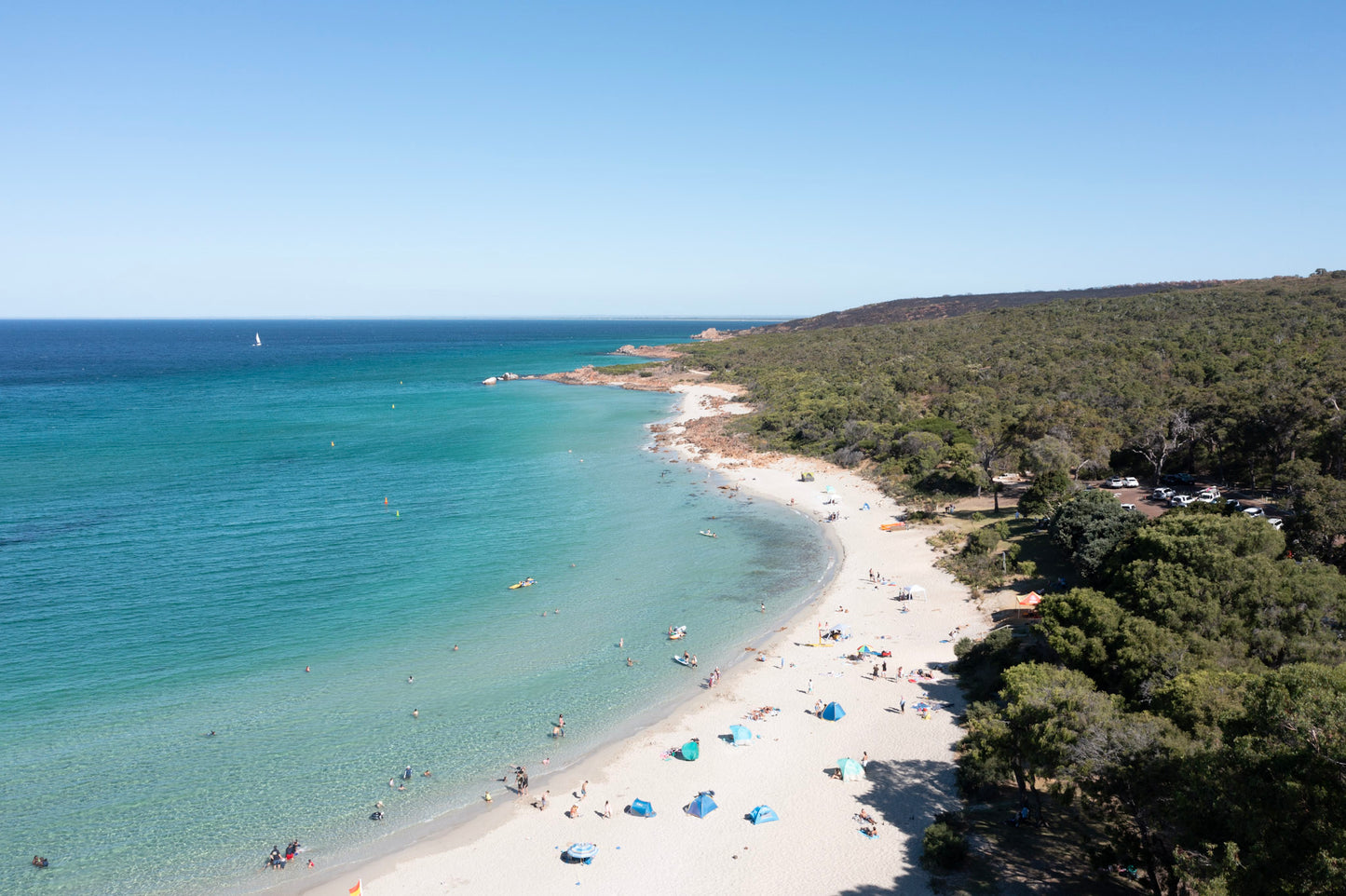 Beach scene with clear blue water, sandy shore, and green trees under a clear sky.