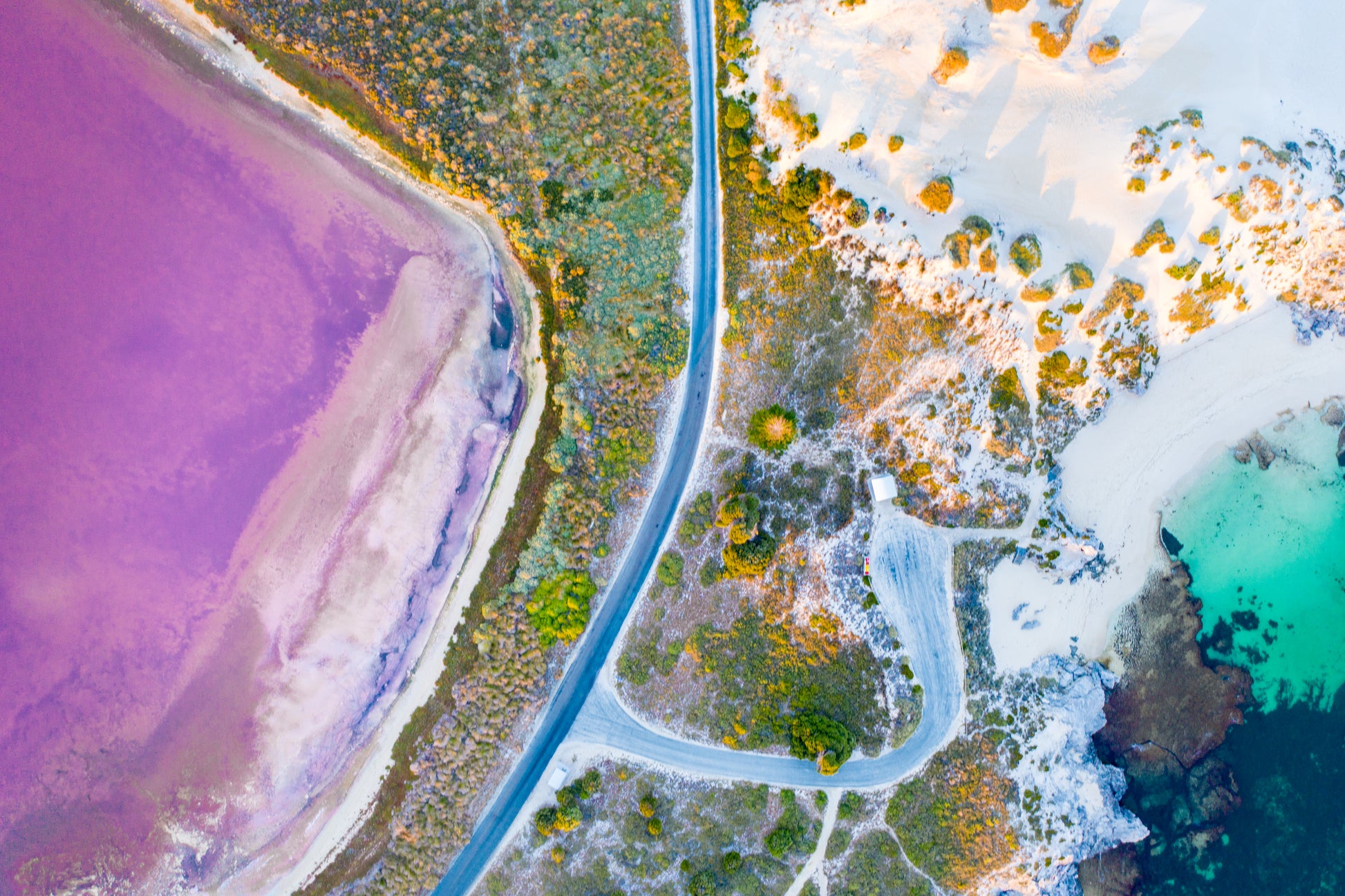 A colorful artistic print featuring a blend of purple, pink, and yellow hues, with an abstract representation of a road and vegetation.