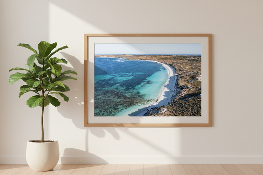 Framed artwork of a beach scene on a wall with a plant next to it.
