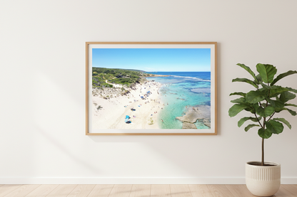 Framed beach print on a wall with a potted plant below