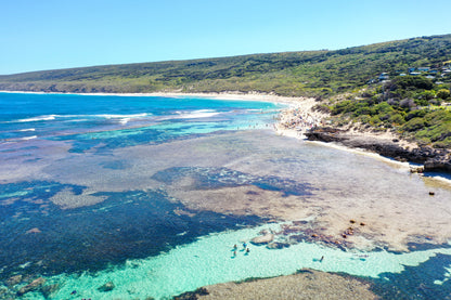 Coastal scene with clear blue water, sandy beach, and greenery.