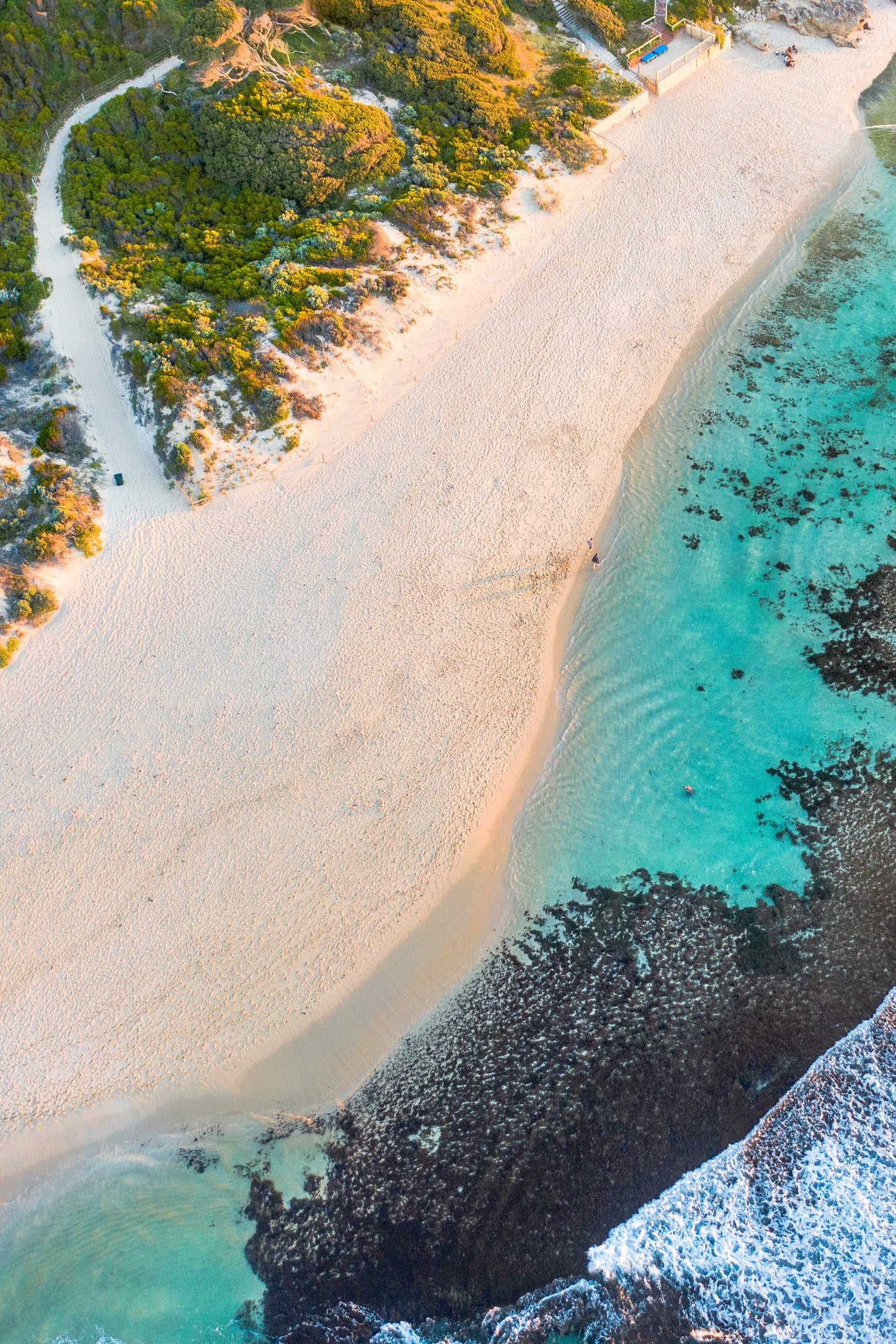 A fine art print featuring a coastal landscape with a sandy beach, clear water, and greenery in the background.